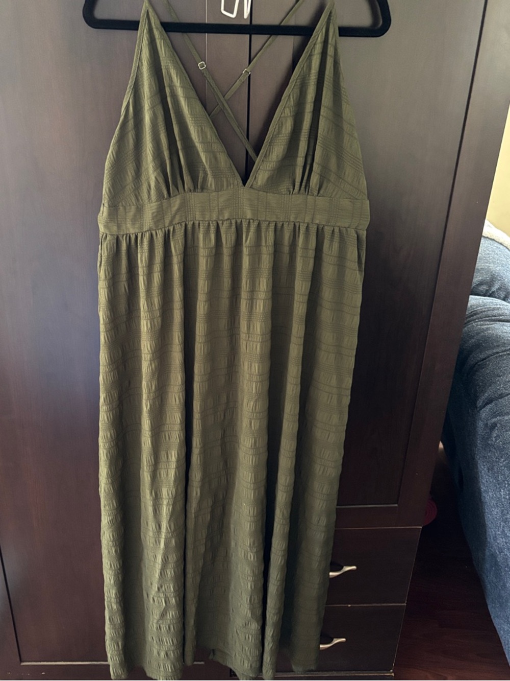 Dark Olive Green V-Neck Spaghetti Strap Maxi Dress